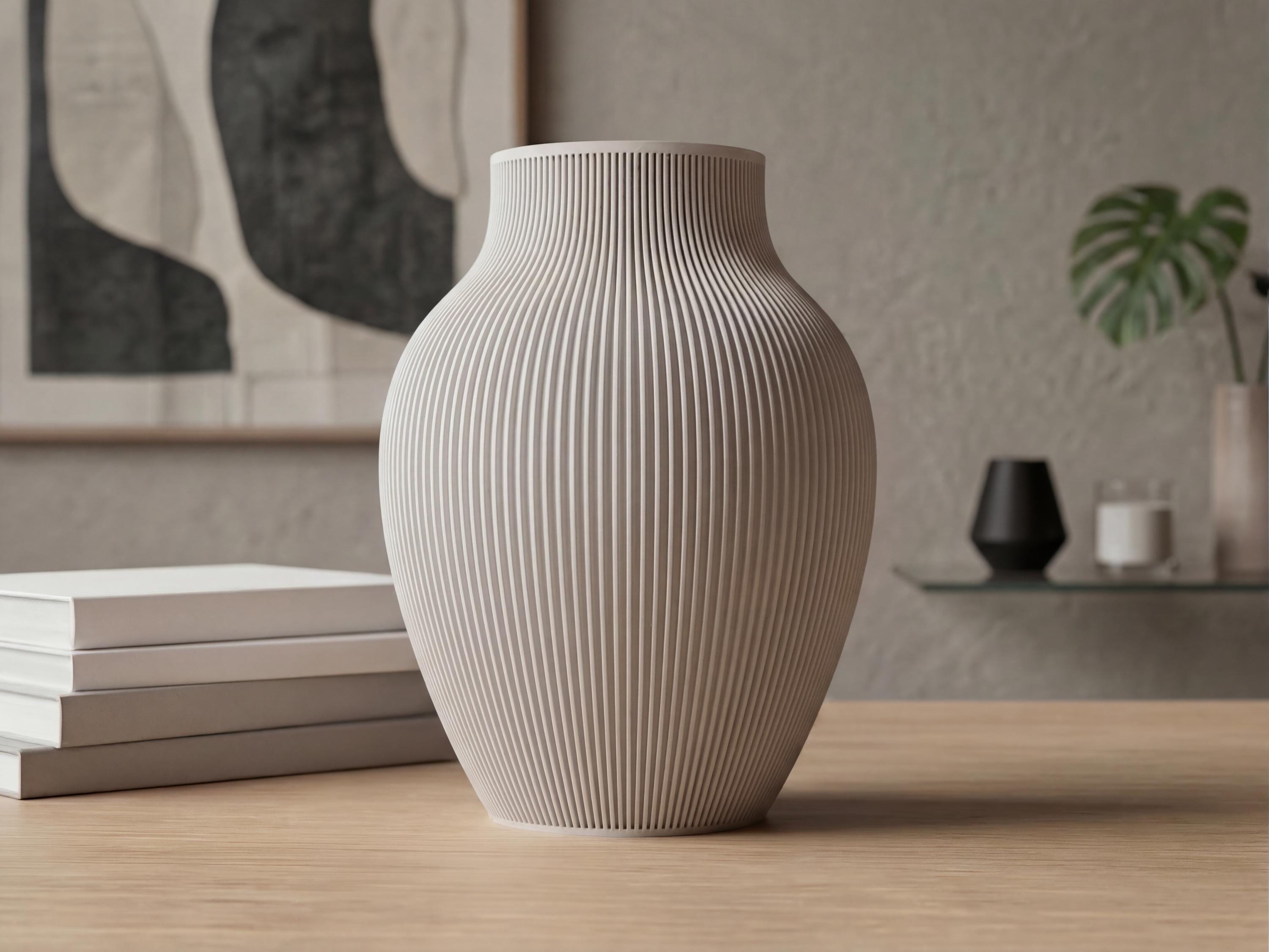 Ribbed Japandi Vase – Neutral Minimalist Shelf Decor – Modern Textured Table & Entryway Accent